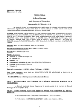 Le Conseil Municipal Décide D'approuver Le Procès-Verbal De La Réunion Du Conseil Municipal Du 19 Novembre 2019. Vu Le Code