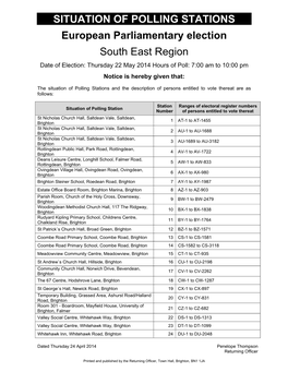 SITUATION of POLLING STATIONS European Parliamentary Election South East Region