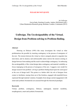 Undesign. the Un-Designability of the Virtual. Design from Problem-Solving to Problem-Finding