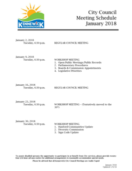 City Council Meeting Schedule January 2018