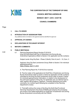 The Corporation of the Township of King Council Meeting Agenda #9 Monday, May 7, 2018