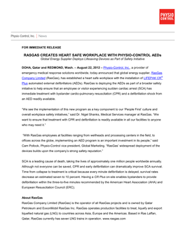 RASGAS CREATES HEART SAFE WORKPLACE with PHYSIO-CONTROL Aeds Global Energy Supplier Deploys Lifesaving Devices As Part of Safety Initiative