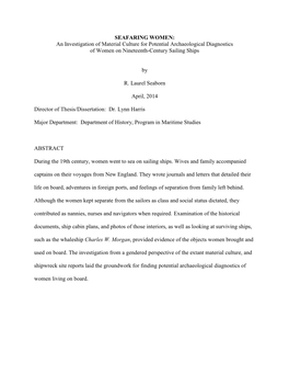 SEAFARING WOMEN: an Investigation of Material Culture for Potential Archaeological Diagnostics of Women on Nineteenth-Century Sailing Ships