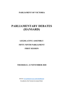 Legislative Assembly Fifty-Ninth Parliament First Session Thursday, 12 November 2020