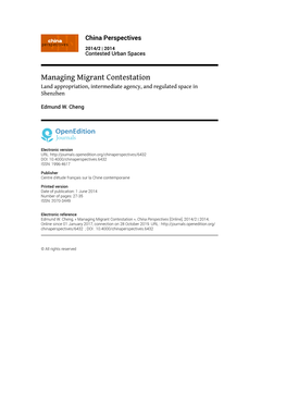 Managing Migrant Contestation Land Appropriation, Intermediate Agency, and Regulated Space in Shenzhen