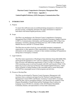 Thurston County Comprehensive Emergency Management Plan LEP Plan | Page 1 | November 2018 Thurston County Comprehensive Emergenc
