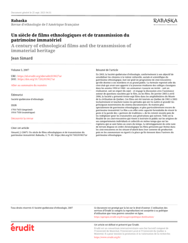 Un Siècle De Films Ethnologiques Et De Transmission Du Patrimoine Immatériel a Century of Ethnological Films and the Transmission of Immaterial Heritage Jean Simard