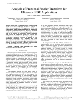 Analysis of Fractional Fourier Transform for Ultrasonic NDE Applications Yufeng Lu*, Erdal Oruklu**, and Jafar Saniie**