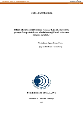 Effects of Purslane (Portulaca Oleracea L.) and Shewanella Putrefaciens Probiotic Enriched Diet on Gilthead Seabream (Sparus Aurata L.)