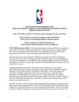 Nba Extends Partnerships with the Walt Disney Company and Turner Broadcasting System Through 2024-25 Season