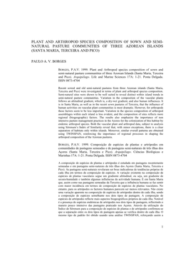 Plant and Arthropod Species Composition of Sown and Semi- Natural Pasture Communities of Three Azorean Islands (Santa Maria, Terceira and Pico)