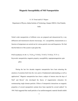 Magnetic Susceptibility of Nio Nanoparticles