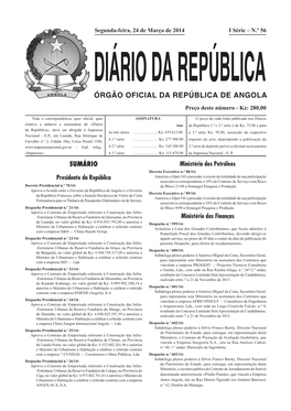 ÓRGÃO OFICIAL DA REPÚBLICA DE ANGOLA Preço Deste Número - Kz: 280,00