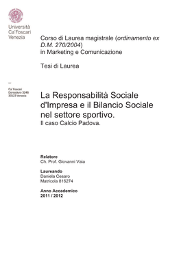 La Responsabilità Sociale D'impresa E Il Bilancio Sociale Nel Settore Sportivo