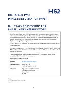 TRACK POSSESSIONS for PHASE 2A ENGINEERING WORK