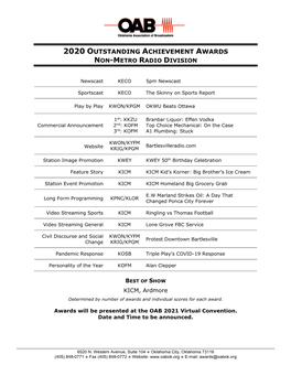 2020 Outstanding Achievement Awards Non-Metro Radio Division