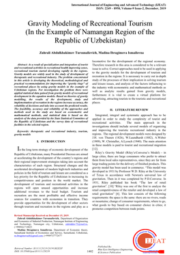 Gravity Modeling of Recreational Tourism (In the Example of Namangan Region of the Republic of Uzbekistan)