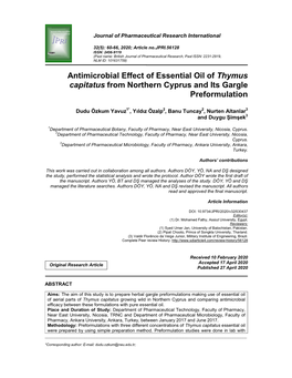 Antimicrobial Effect of Essential Oil of Thymus Capitatus from Northern Cyprus and Its Gargle Preformulation