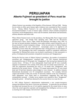 PERU/JAPAN Alberto Fujimori Ex-President of Peru Must Be Brought to Justice