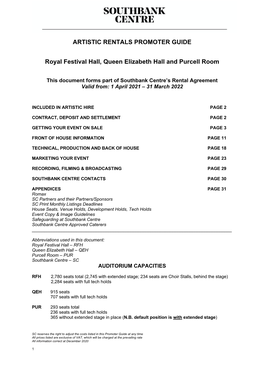 ARTISTIC RENTALS PROMOTER GUIDE Royal Festival Hall, Queen