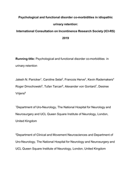 Psychological and Functional Disorder Co-Morbidities in Idiopathic Urinary Retention