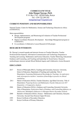 CURRICULUM VITAE John Mungai Njoroge, Ph.DPO Box 1765