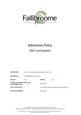 Admissions Policy 2021 and Beyond