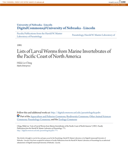 Lists of Larval Worms from Marine Invertebrates of the Pacific Oc Ast of North America Hilda Lei Ching Hydra Enterprises