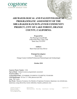 Archaeological and Paleontological Programmatic Assessment of the Shea/Baker Ranch Planned Community Project, City of Lake Forest, Orange County, California