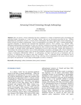 Advancing Critical Criminology Through Anthropology” Western Criminology Review 12(2):55-77