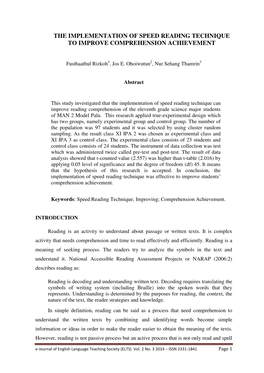 The Implementation of Speed Reading Technique to Improve Comprehension Achievement