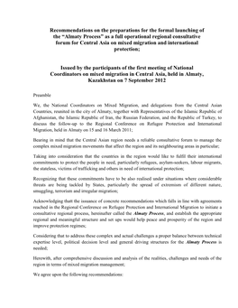 Almaty Process” As a Full Operational Regional Consultative Forum for Central Asia on Mixed Migration and International Protection;