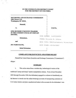 One Or More Unknown Traders in the Common Stock of Certain Issuers, Defendants, and JSC Parex Bank, Relief Defendant