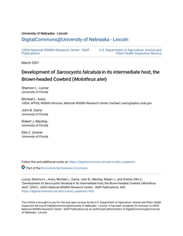 Development of Sarcocystis Falcatula in Its Intermediate Host, the Brown-Headed Cowbird (Molothrus Ater)