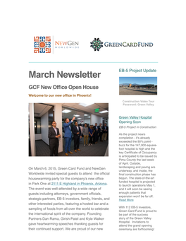 March Newsletter EB-5 Project Update GCF New Ofﬁce Open House