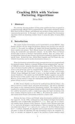 Cracking RSA with Various Factoring Algorithms Brian Holt