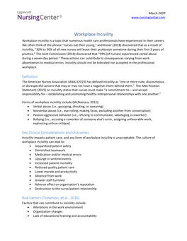 Workplace Incivility Workplace Incivility Is a Topic That Numerous Health Care Professionals Have Experienced in Their Careers