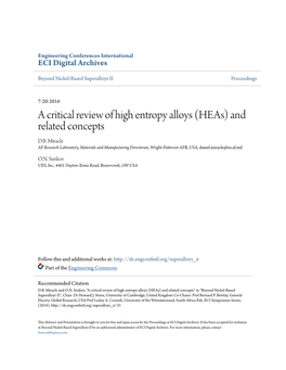 A Critical Review of High Entropy Alloys (Heas) and Related Concepts D.B