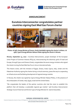 Euroasia Interconnector Congratulates Partner Countries Signing East Med Gas Forum Charter