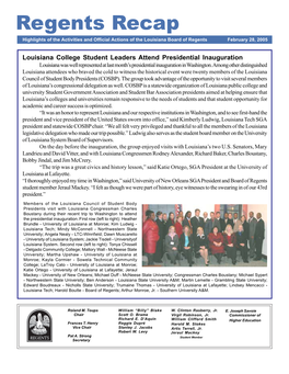 Regents Recap Highlights of the Activities and Official Actions of the Louisiana Board of Regents February 28, 2005