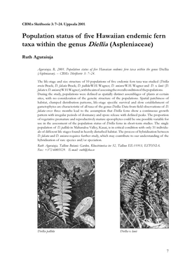 Population Status of Five Hawaiian Endemic Fern Taxa Within the Genus Diellia (Aspleniaceae)