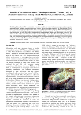 Densities of the Endolithic Bivalve Lithophaga Lessepsiana (Vaillant, 1865) in Pocillopora Damicornis, Solitary Islands Marine Park, Northern NSW, Australia