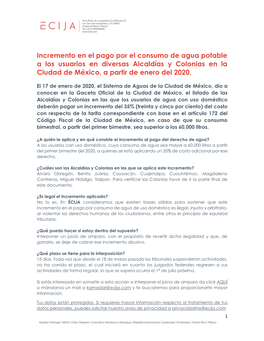 Incremento En El Pago Por El Consumo De Agua Potable a Los Usuarios En Diversas Alcaldías Y Colonias En La Ciudad De México, a Partir De Enero Del 2020