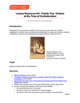 Lesson Resource Kit - Family Ties: Ontario at the Time of Confederation