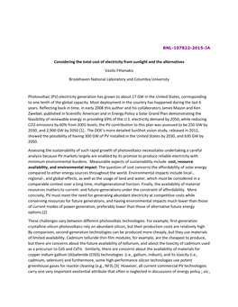 Considering the Total Cost of Electricity from Sunlight and the Alternatives Vasilis Fthenakis Brookhaven National Laboratory An