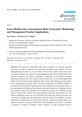 Forest Biodiversity Assessment in Relic Ecosystem: Monitoring and Management Practice Implications