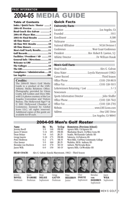 2004-05 MEDIA GUIDE Table of Contents Quick Facts Index / Quick Facts / Roster