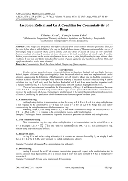 Jacobson Radical and on a Condition for Commutativity of Rings