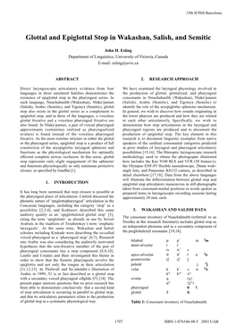 Glottal and Epiglottal Stop in Wakashan, Salish, and Semitic