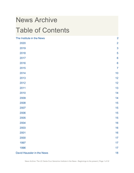 News Archive Table of Contents